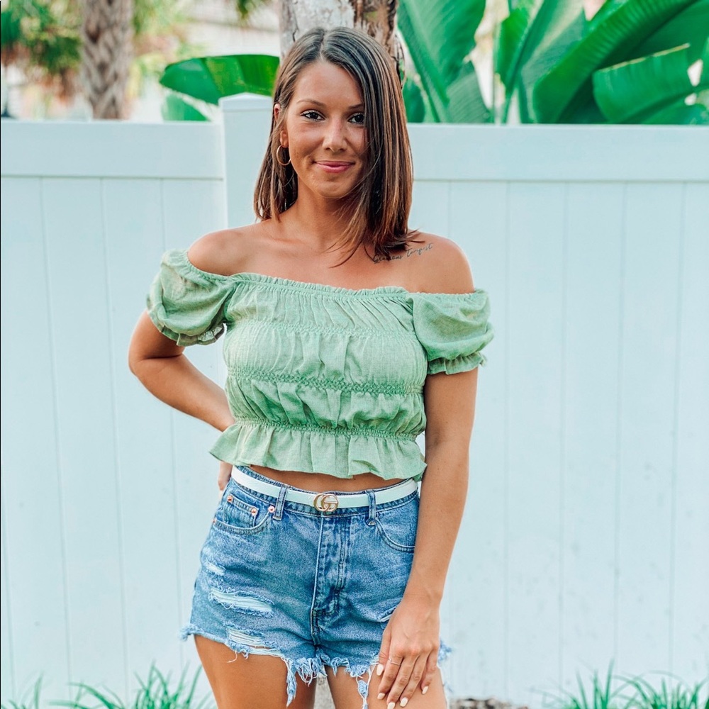 TrendNotes Olive Ruffled Cap Sleeved Crop, Various